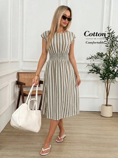 Easowa Women's Striped Colorblock Pleated Elegant Waist-Cinched Midi Party Dress