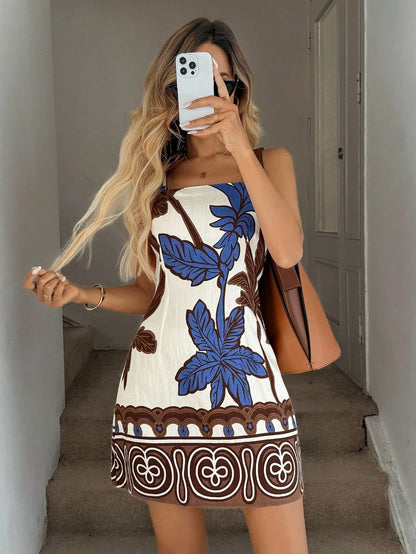 Easowa Women's Summer Ditsy Floral Sleeveless Mini Dress Brunch Picnic Vacation Blue And White Flower Cute Tropical