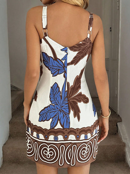 Easowa Women's Summer Ditsy Floral Sleeveless Mini Dress Brunch Picnic Vacation Blue And White Flower Cute Tropical