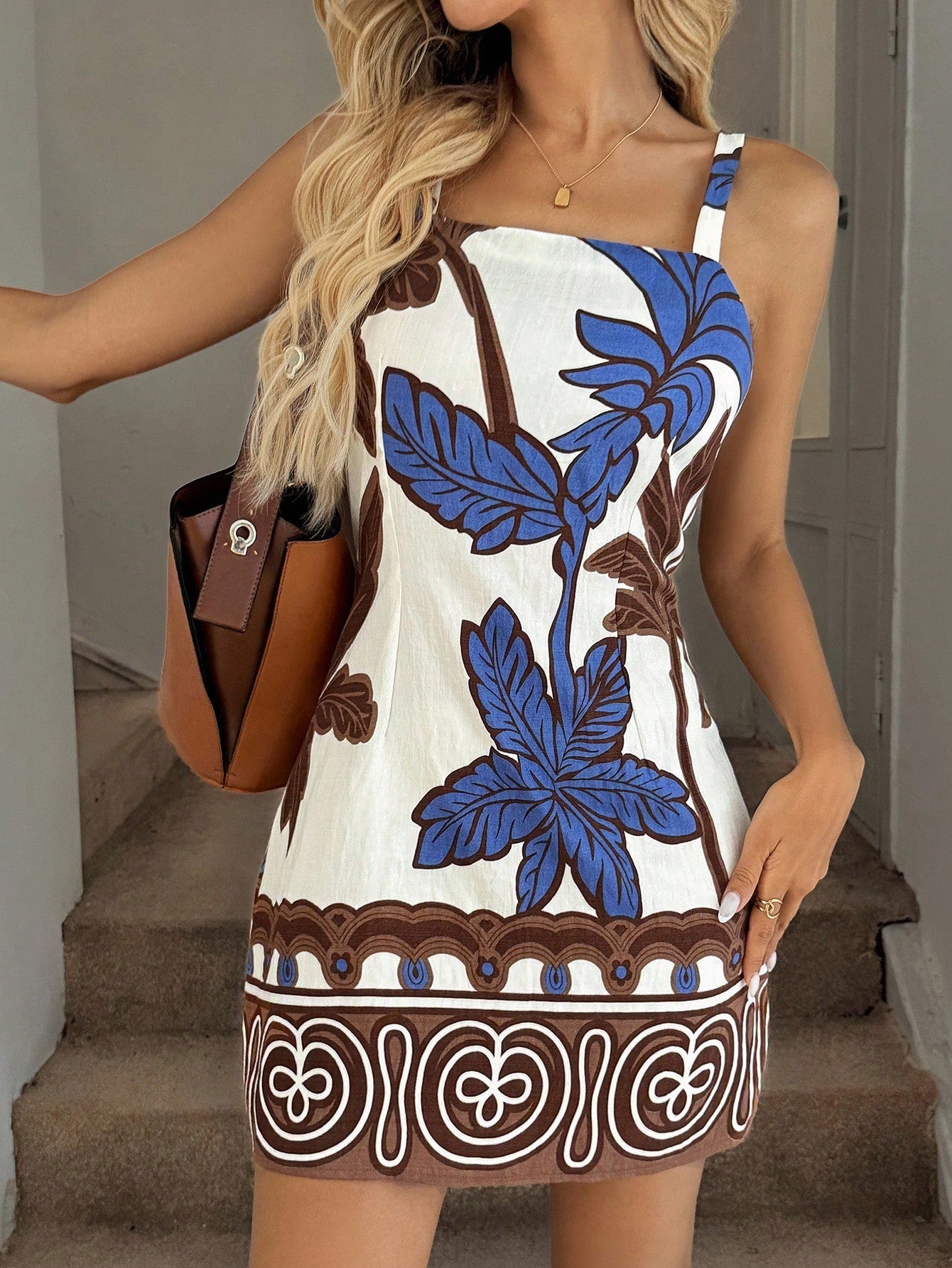 Easowa Women's Summer Ditsy Floral Sleeveless Mini Dress Brunch Picnic Vacation Blue And White Flower Cute Tropical