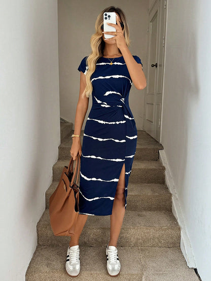 Easowa Women's Tie-Dye Round Neck Waist Knot Dress