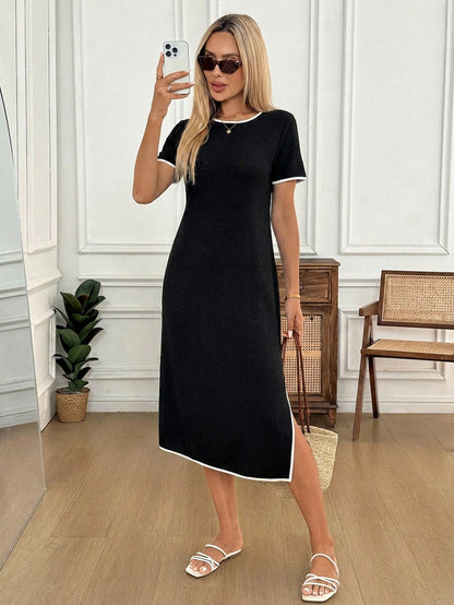 Easowa Women's Vacation Commute Travel Contrast Binding Split Hem Loose Mid-Length Dress, Summer, Casual Clothes, Black And White Checkered
