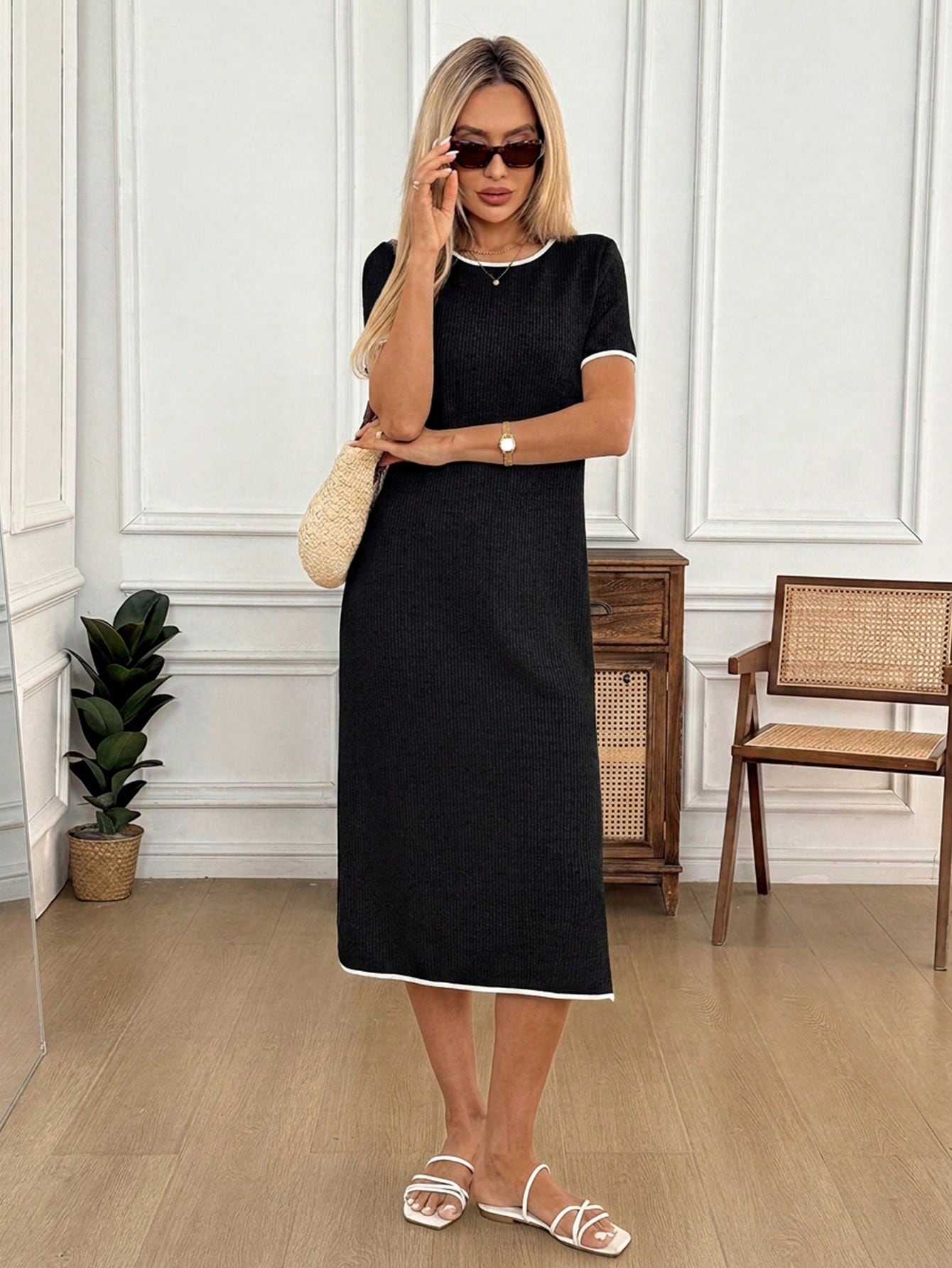 Easowa Women's Vacation Commute Travel Contrast Binding Split Hem Loose Mid-Length Dress, Summer, Casual Clothes, Black And White Checkered