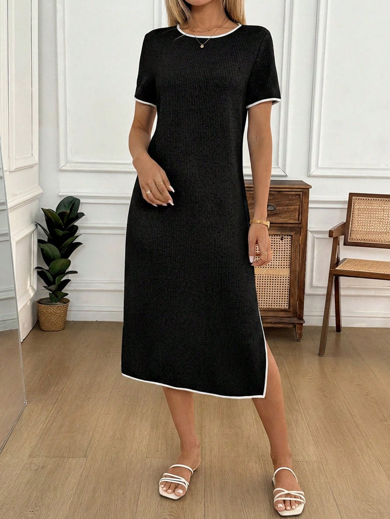 Easowa Women's Vacation Commute Travel Contrast Binding Split Hem Loose Mid-Length Dress, Summer, Casual Clothes, Black And White Checkered