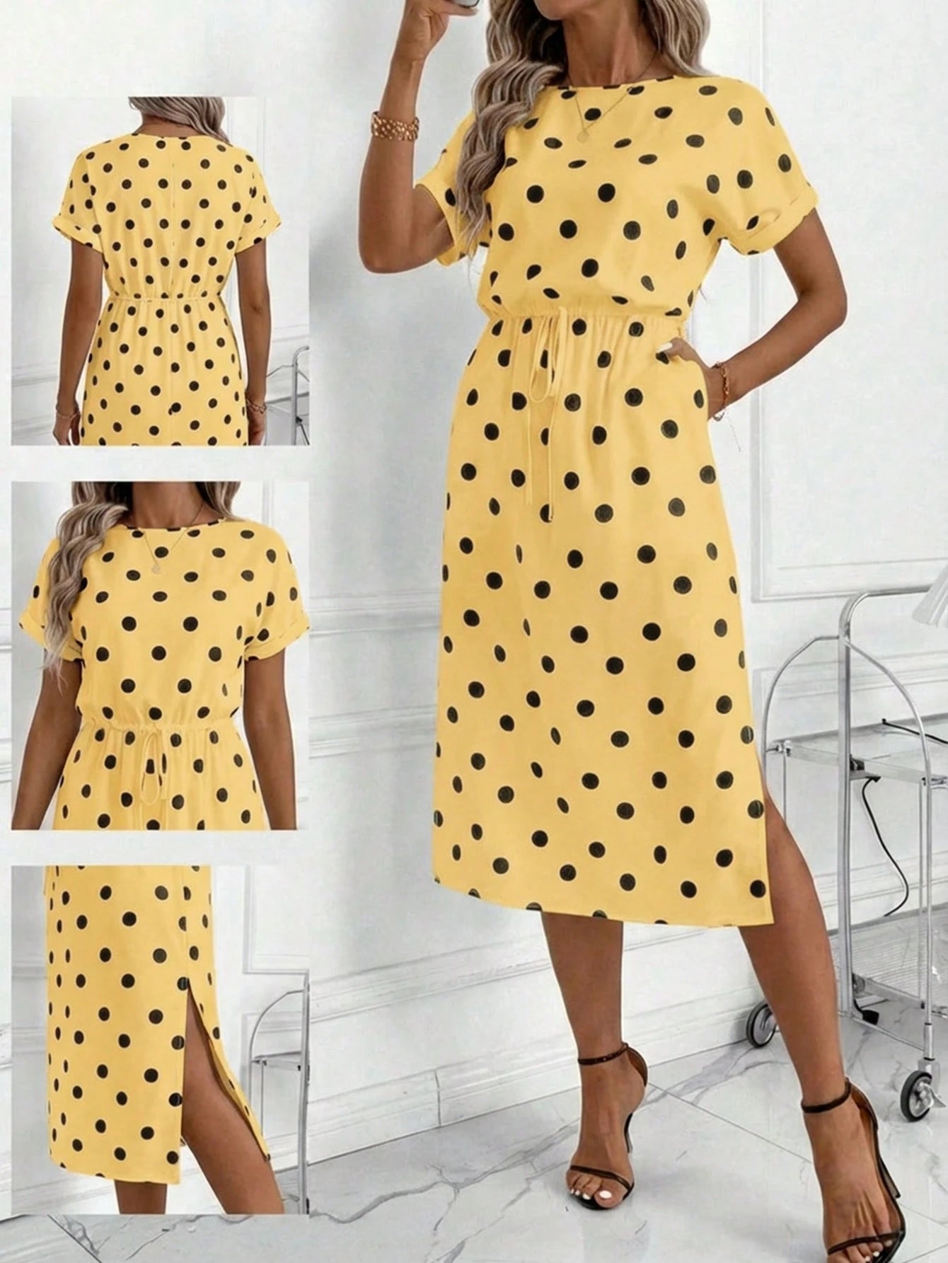 Editum Women's Autumn New Batwing Sleeve Polka Dot Dress, Black & White, Versatile For Daily Commute And Multiple Occasions,Summer Dresses For Women