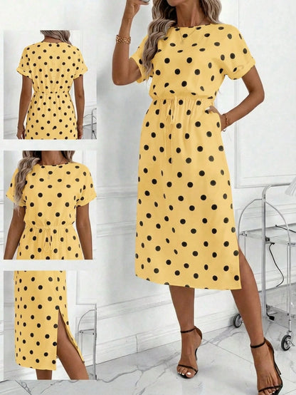 Editum Women's Autumn New Batwing Sleeve Polka Dot Dress, Black & White, Versatile For Daily Commute And Multiple Occasions,Summer Dresses For Women