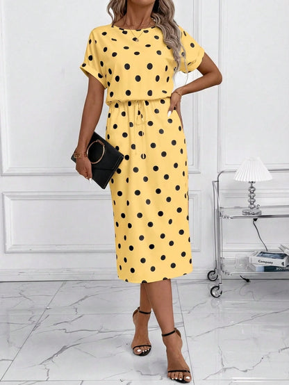 Editum Women's Autumn New Batwing Sleeve Polka Dot Dress, Black & White, Versatile For Daily Commute And Multiple Occasions,Summer Dresses For Women