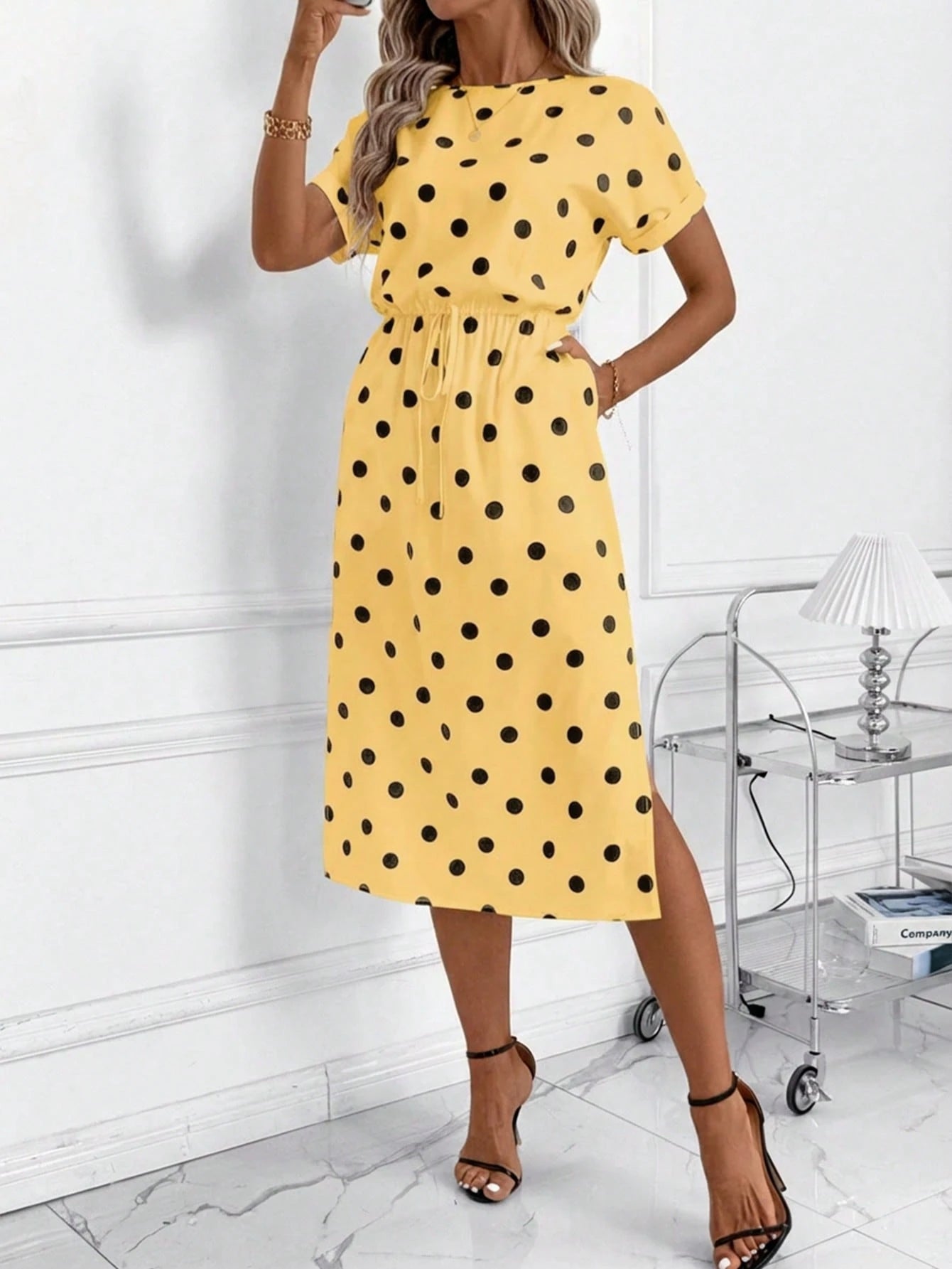 Editum Women's Autumn New Batwing Sleeve Polka Dot Dress, Black & White, Versatile For Daily Commute And Multiple Occasions,Summer Dresses For Women