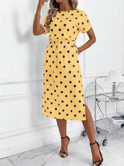 Editum Women's Autumn New Batwing Sleeve Polka Dot Dress, Black & White, Versatile For Daily Commute And Multiple Occasions,Summer Dresses For Women
