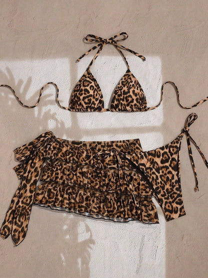 EgrlEra Women's Beach Vacation Rave Music Festival Party Lollapalooza Halter Neck Tie Triangle Cup Top Ruffle Decor Mini Skirt Y2K Sexy Leopard Print 3-Piece Bikini Set