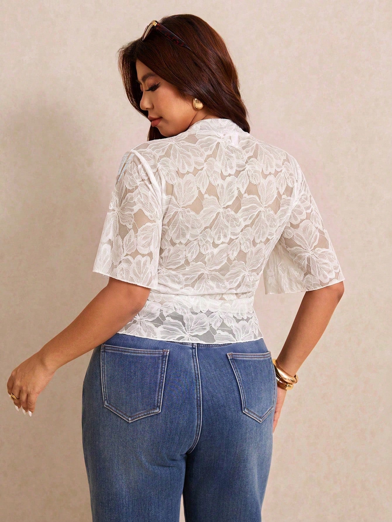 Elaquor Plus Size Summer Elegant Floral Lace T-Shirt