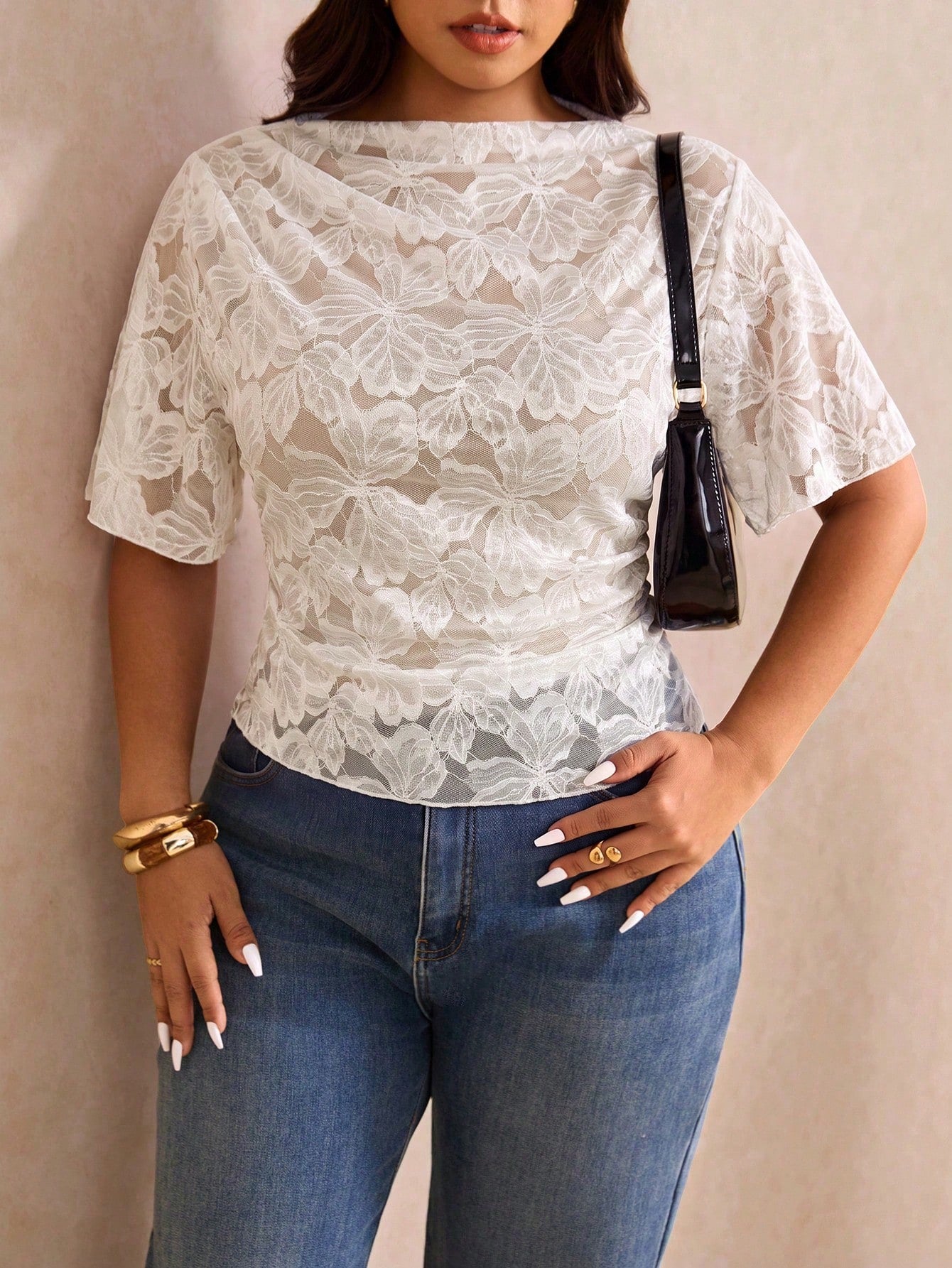 Elaquor Plus Size Summer Elegant Floral Lace T-Shirt