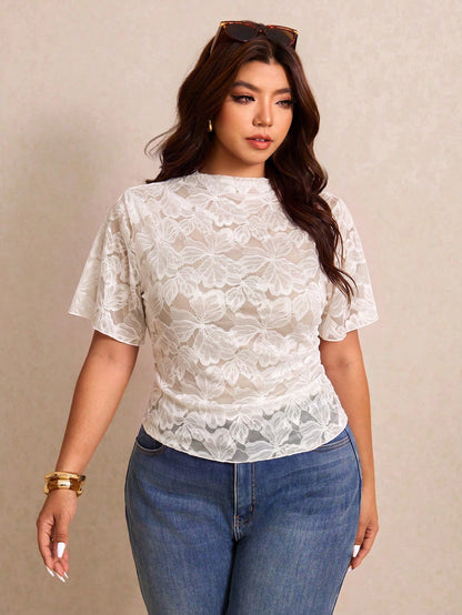 Elaquor Plus Size Summer Elegant Floral Lace T-Shirt