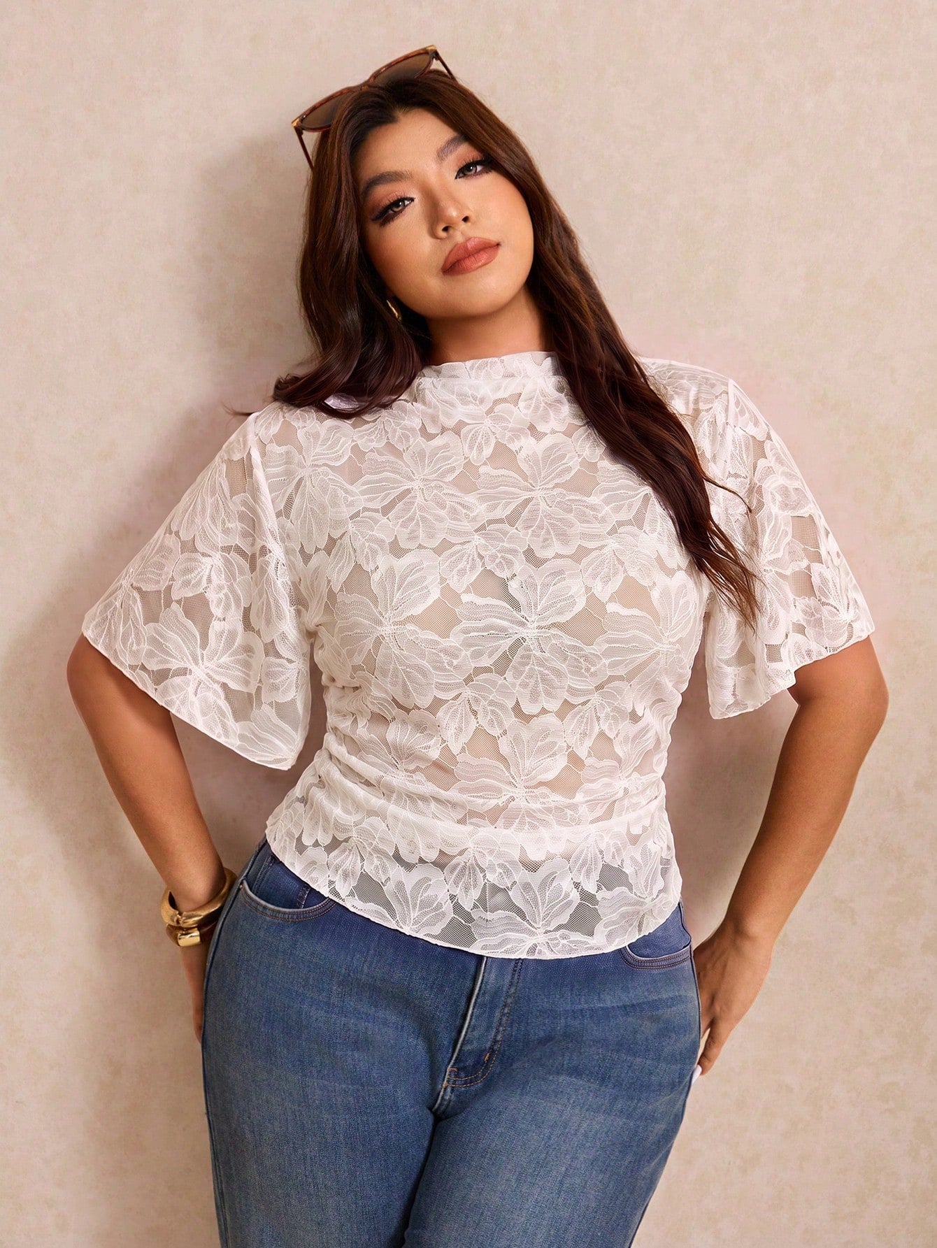Elaquor Plus Size Summer Elegant Floral Lace T-Shirt