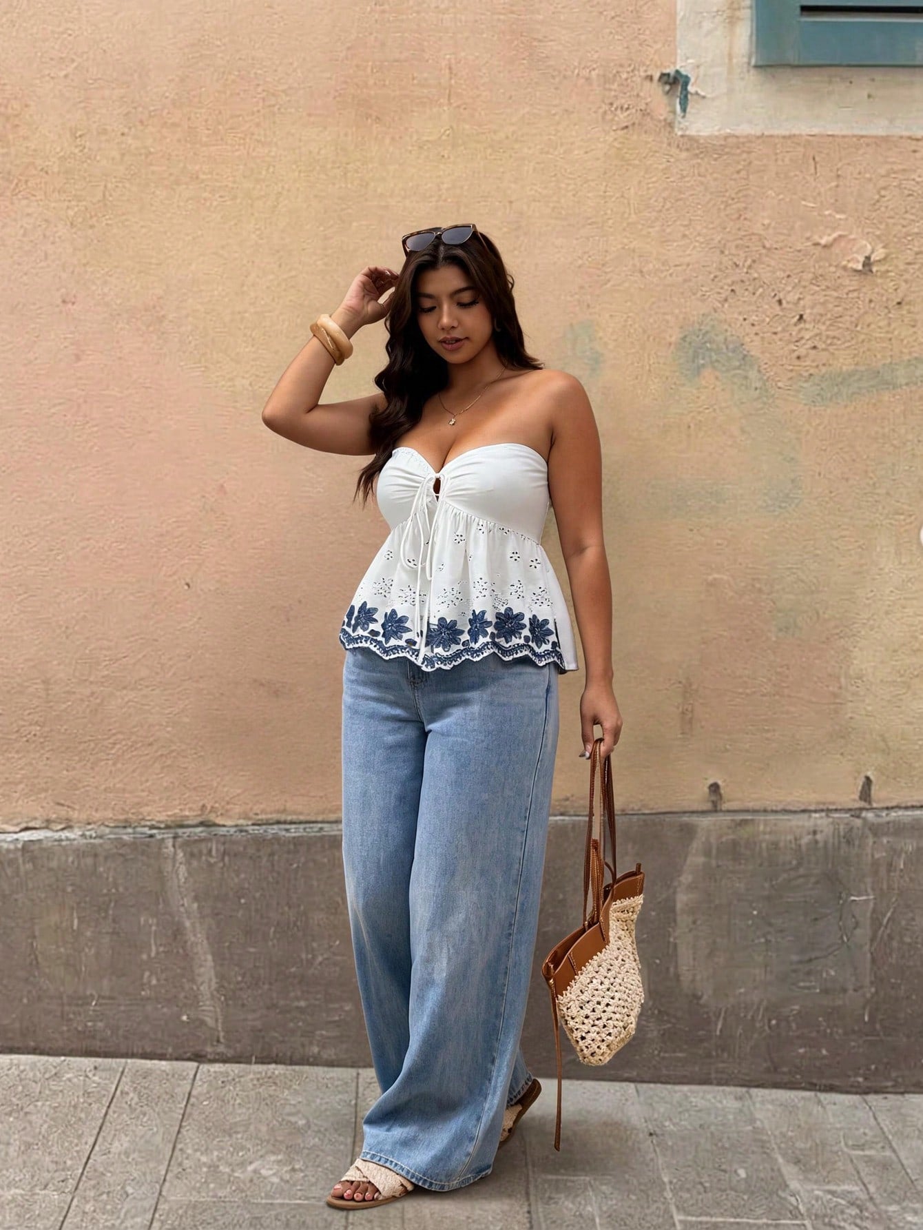 Elaquor Plus Size Women Floral Print Front Tie Bandeau Top Casual Vacation Top Boho Style Top For Women