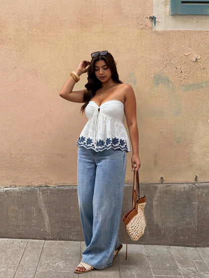 Elaquor Plus Size Women Floral Print Front Tie Bandeau Top Casual Vacation Top Boho Style Top For Women