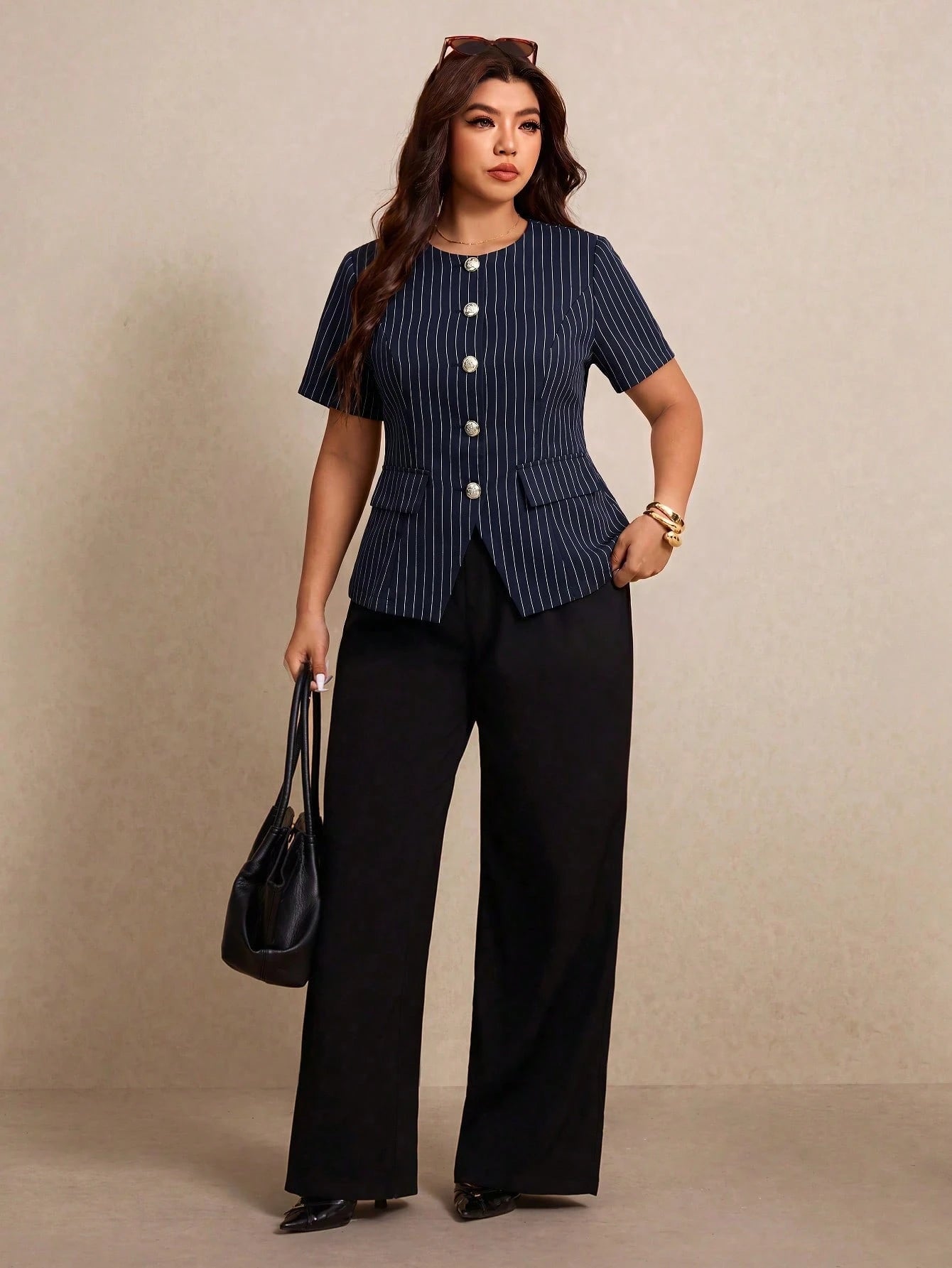 Elaquor Plus Size Women's Business Navy Blue Metal Button Short Sleeve Round Neck Blouse Casual Office Teacher Formal Work Elegant Daily Summer Teachers' Day