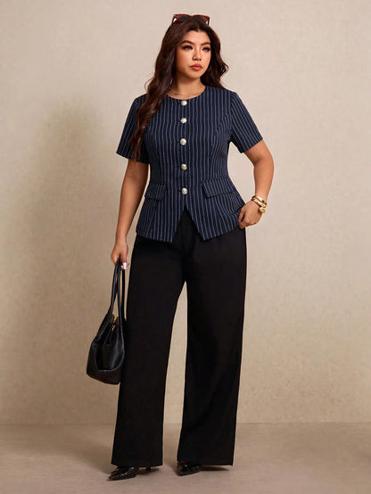 Elaquor Plus Size Women's Business Navy Blue Metal Button Short Sleeve Round Neck Blouse Casual Office Teacher Formal Work Elegant Daily Summer Teachers' Day