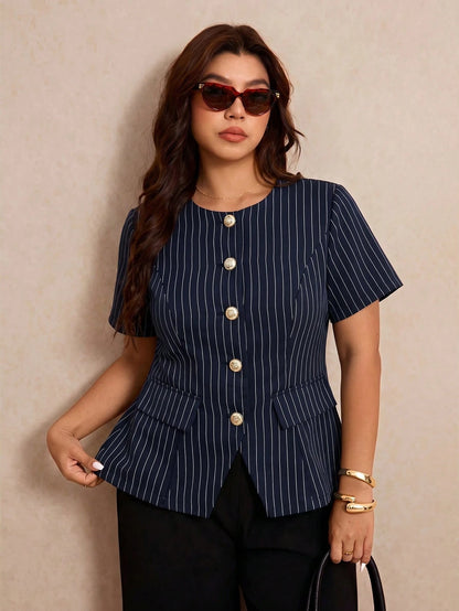 Elaquor Plus Size Women's Business Navy Blue Metal Button Short Sleeve Round Neck Blouse Casual Office Teacher Formal Work Elegant Daily Summer Teachers' Day