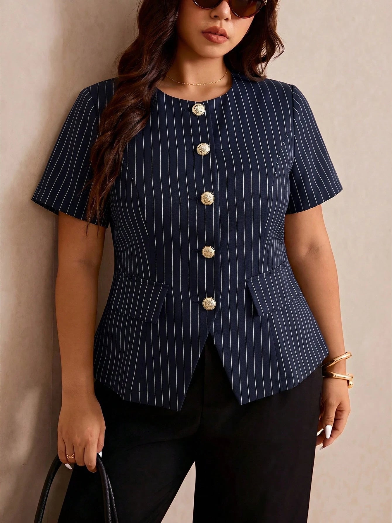 Elaquor Plus Size Women's Business Navy Blue Metal Button Short Sleeve Round Neck Blouse Casual Office Teacher Formal Work Elegant Daily Summer Teachers' Day