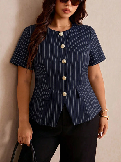 Elaquor Plus Size Women's Business Navy Blue Metal Button Short Sleeve Round Neck Blouse Casual Office Teacher Formal Work Elegant Daily Summer Teachers' Day