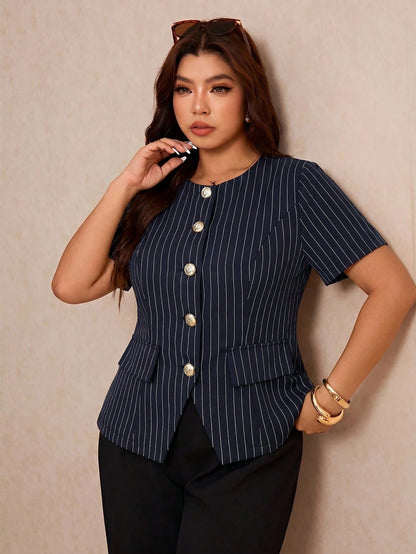Elaquor Plus Size Women's Business Navy Blue Metal Button Short Sleeve Round Neck Blouse Casual Office Teacher Formal Work Elegant Daily Summer Teachers' Day