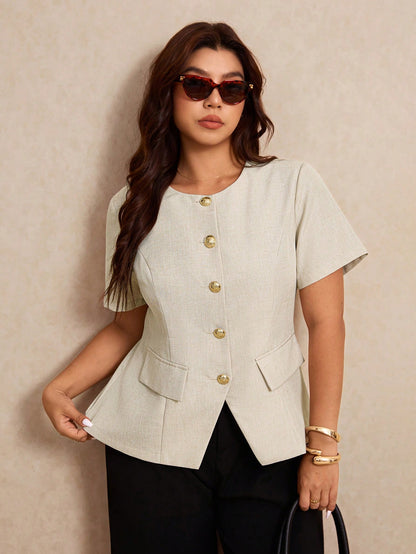 Elaquor Plus Size Women's Business Navy Blue Metal Button Short Sleeve Round Neck Blouse Casual Office Teacher Formal Work Elegant Daily Summer Teachers' Day