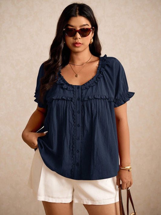 Elaquor Plus Size Women's Solid Color Frill Trim Round Neck Single-Breasted Short Sleeve Casual Shirt Spring To Summer