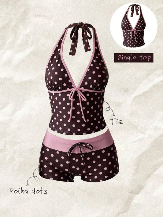 Elavelle Multicolor Polka Dot Halter Tankini Set With Tie Detail And Short Shorts