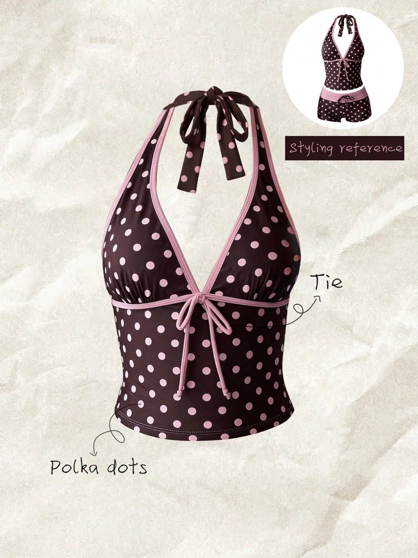 Elavelle Multicolor Polka Dot Halter Tankini Set With Tie Detail And Short Shorts