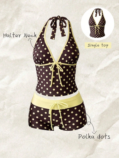 Elavelle Multicolor Polka Dot Halter Tankini Set With Tie Detail And Short Shorts