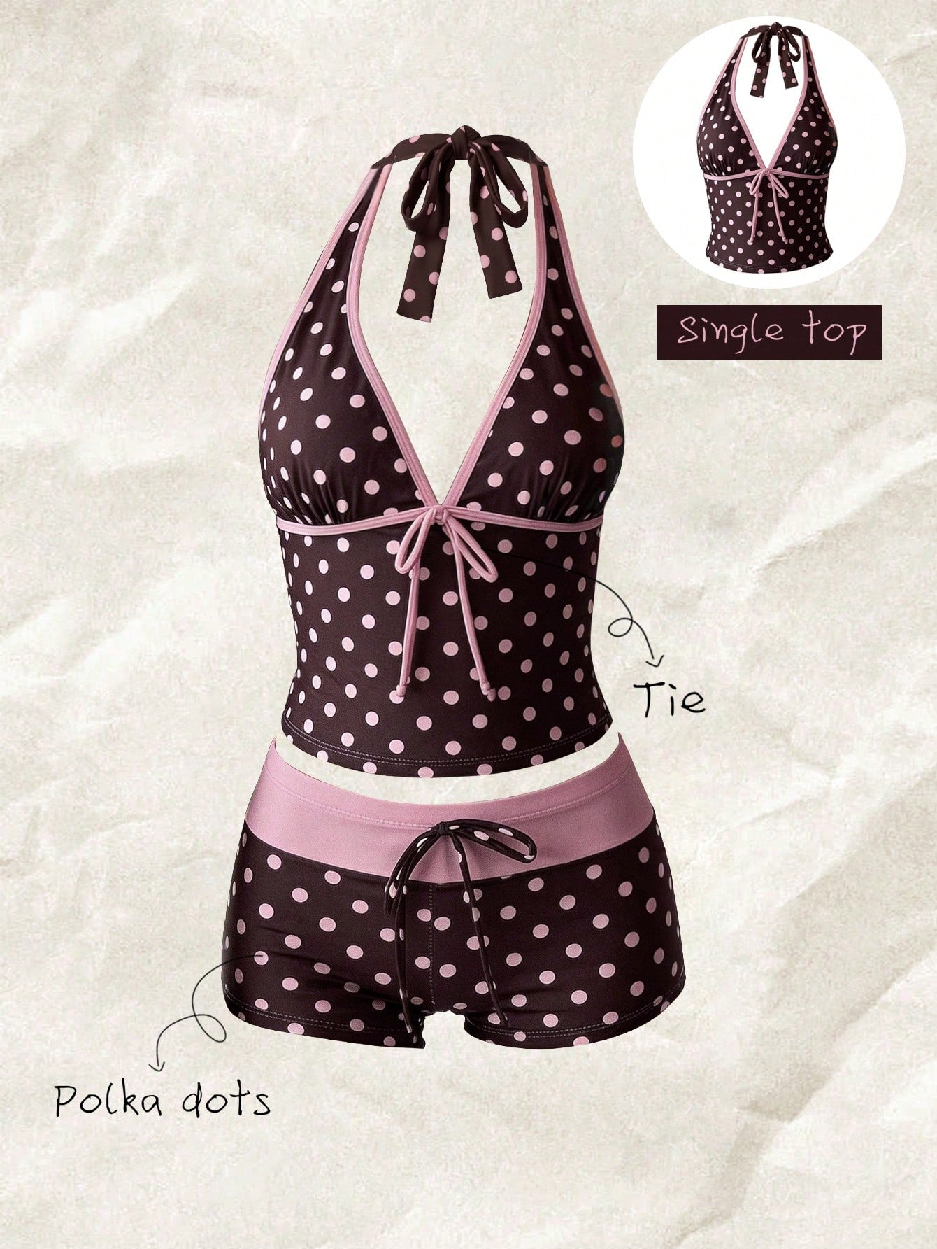 Elavelle Multicolor Polka Dot Halter Tankini Set With Tie Detail And Short Shorts