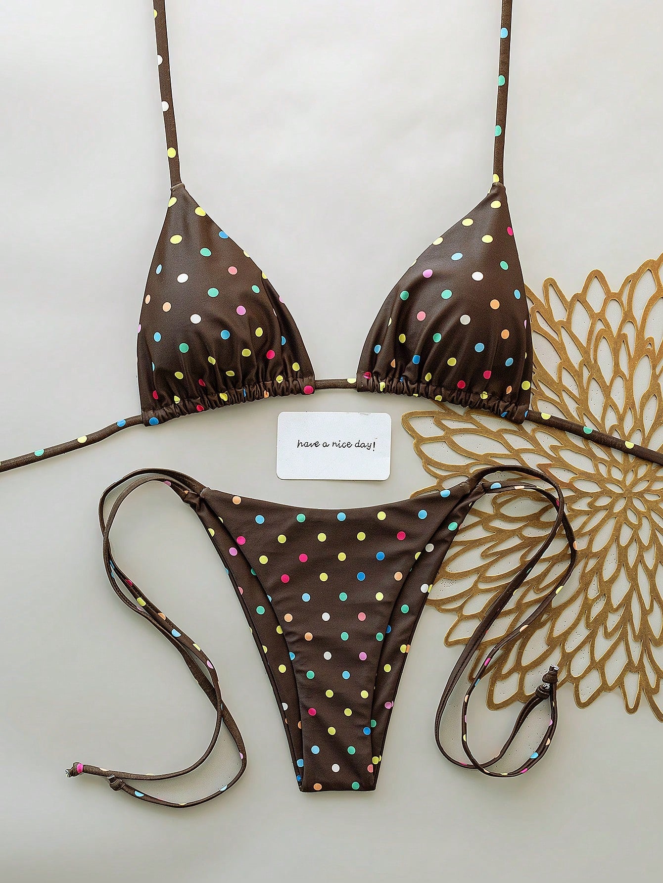 Elavelle New Arrival Spring/Summer Merlot Colorful Polka Dot Halter Neck Triangle Cup Bikini Set, Sexy Two Pieces Swimwear With Side Tie