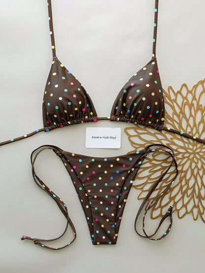 Elavelle New Arrival Spring/Summer Merlot Colorful Polka Dot Halter Neck Triangle Cup Bikini Set, Sexy Two Pieces Swimwear With Side Tie