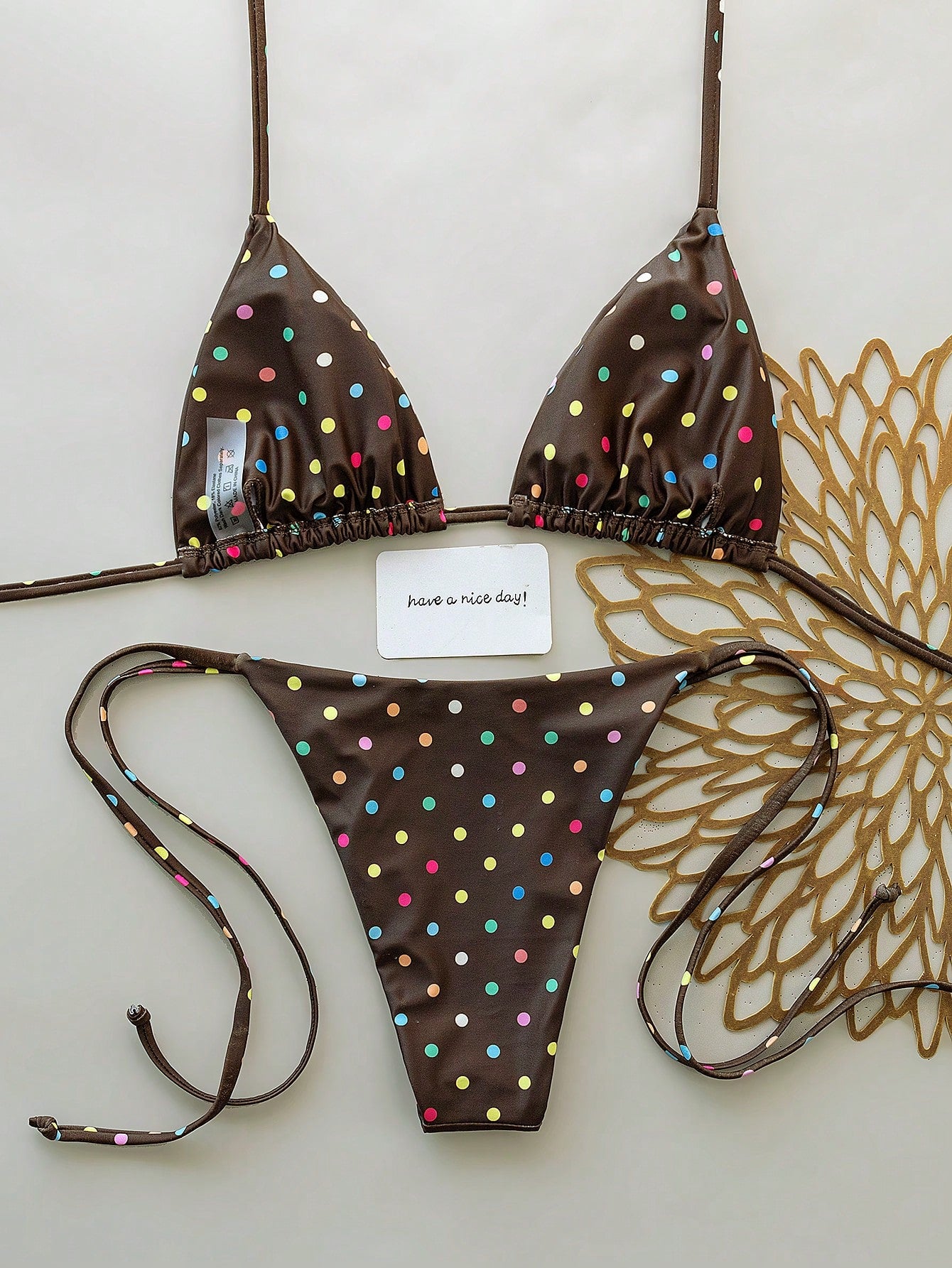Elavelle New Arrival Spring/Summer Merlot Colorful Polka Dot Halter Neck Triangle Cup Bikini Set, Sexy Two Pieces Swimwear With Side Tie