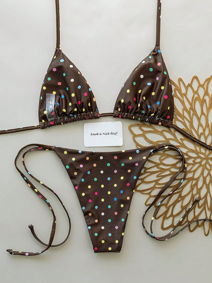 Elavelle New Arrival Spring/Summer Merlot Colorful Polka Dot Halter Neck Triangle Cup Bikini Set, Sexy Two Pieces Swimwear With Side Tie