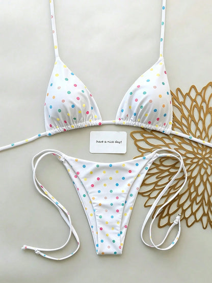 Elavelle New Arrival Spring/Summer Merlot Colorful Polka Dot Halter Neck Triangle Cup Bikini Set, Sexy Two Pieces Swimwear With Side Tie