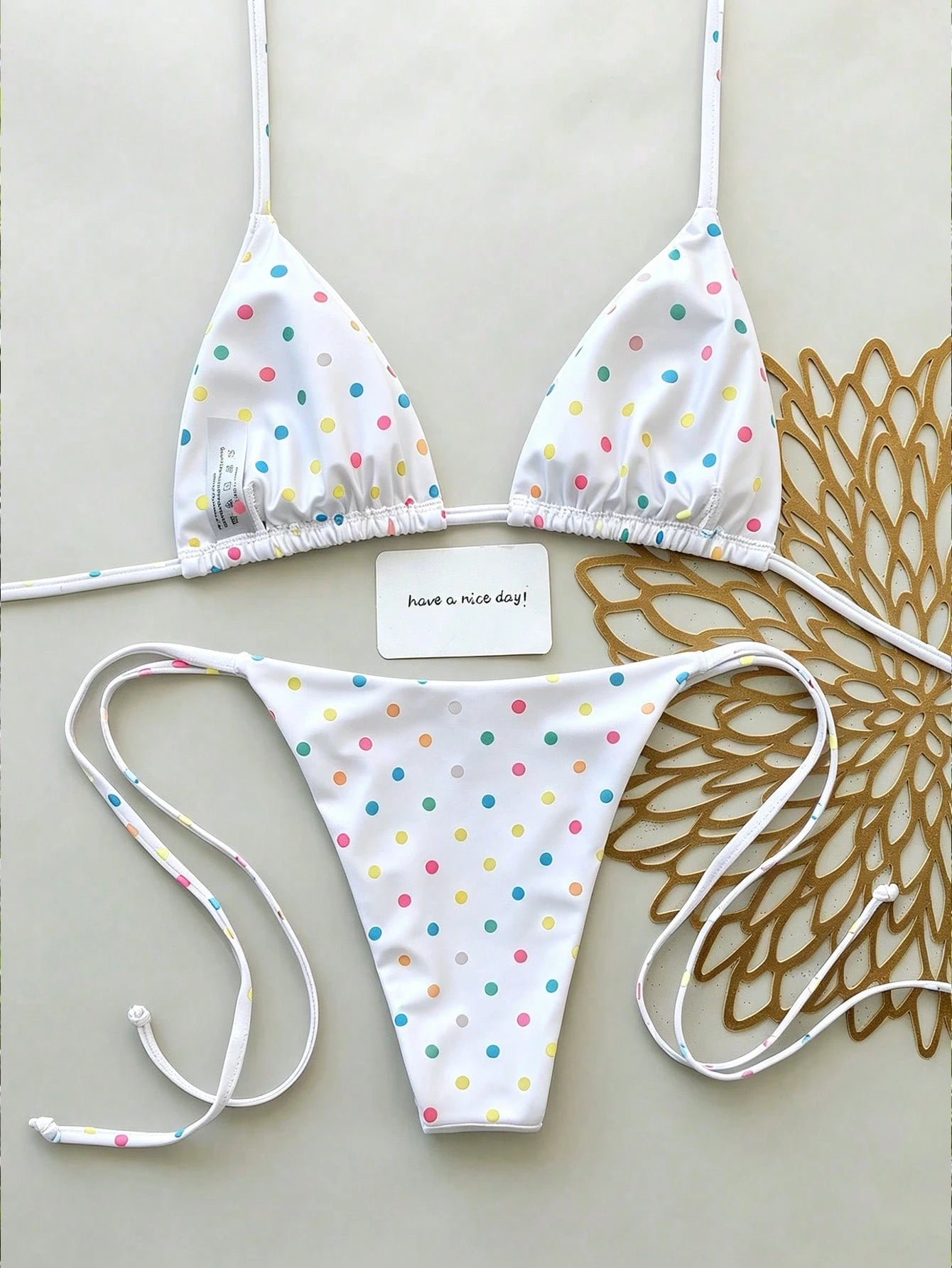 Elavelle New Arrival Spring/Summer Merlot Colorful Polka Dot Halter Neck Triangle Cup Bikini Set, Sexy Two Pieces Swimwear With Side Tie