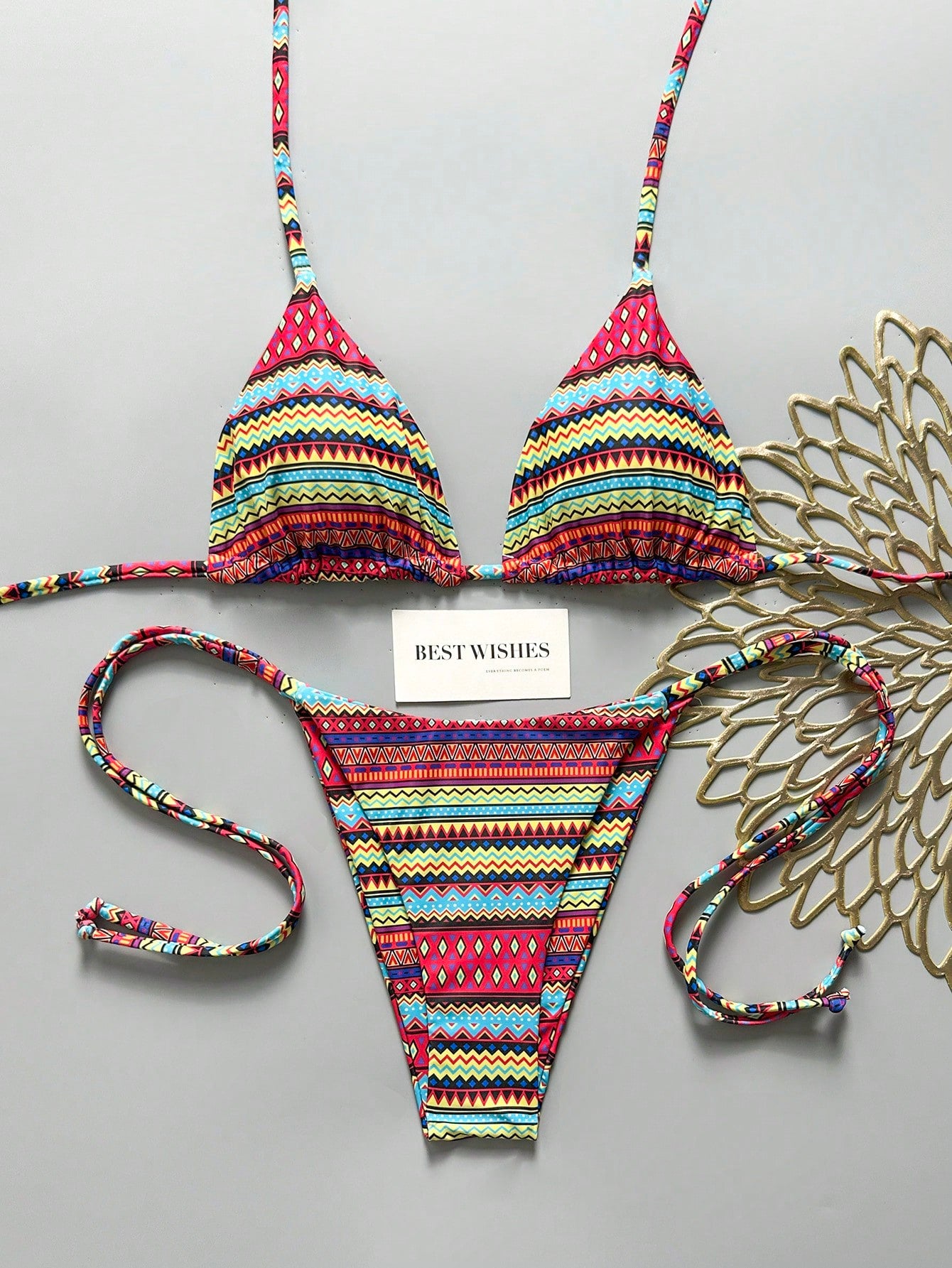 Elavelle New Arrival Spring/Summer Merlot Colorful Polka Dot Halter Neck Triangle Cup Bikini Set, Sexy Two Pieces Swimwear With Side Tie