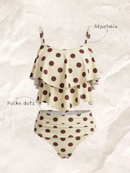 Elavelle Retro Polka Dot Ruffle One-Piece Swimsuit, Cream & Coffee Color, Tummy Control, Conservative Bathing
