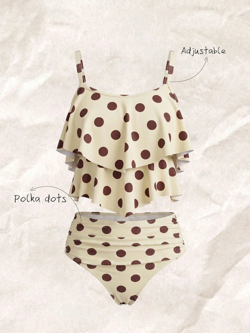 Elavelle Retro Polka Dot Ruffle One-Piece Swimsuit, Cream & Coffee Color, Tummy Control, Conservative Bathing