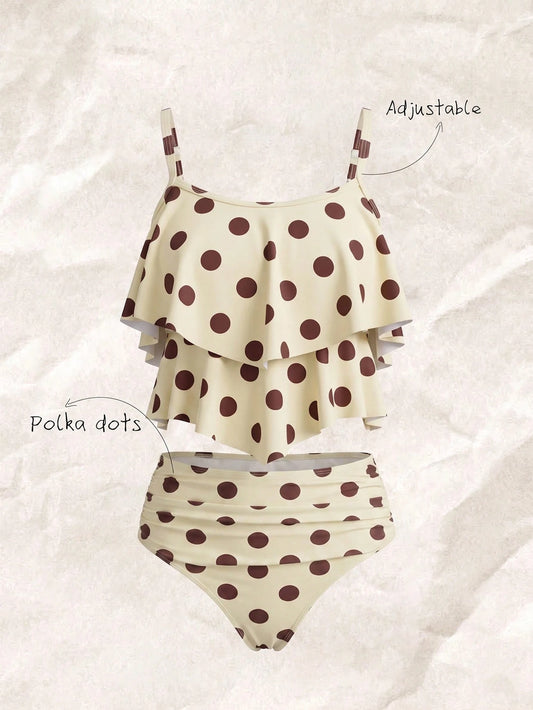 Elavelle Retro Polka Dot Ruffle One-Piece Swimsuit, Cream & Coffee Color, Tummy Control, Conservative Bathing