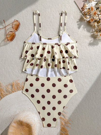 Elavelle Retro Polka Dot Ruffle One-Piece Swimsuit, Cream & Coffee Color, Tummy Control, Conservative Bathing