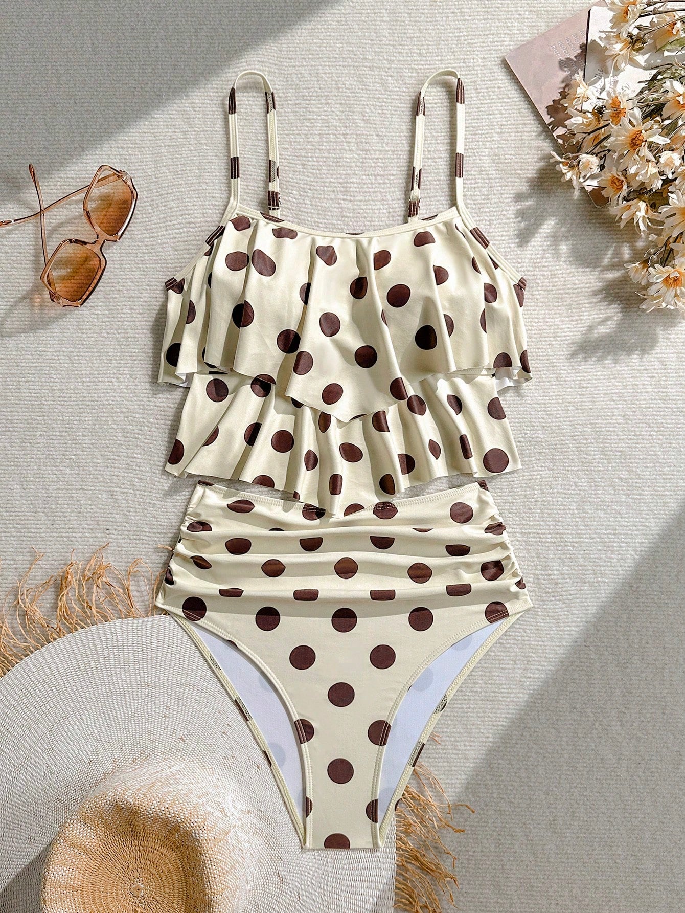 Elavelle Retro Polka Dot Ruffle One-Piece Swimsuit, Cream & Coffee Color, Tummy Control, Conservative Bathing