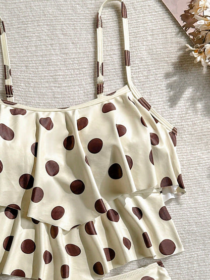 Elavelle Retro Polka Dot Ruffle One-Piece Swimsuit, Cream & Coffee Color, Tummy Control, Conservative Bathing