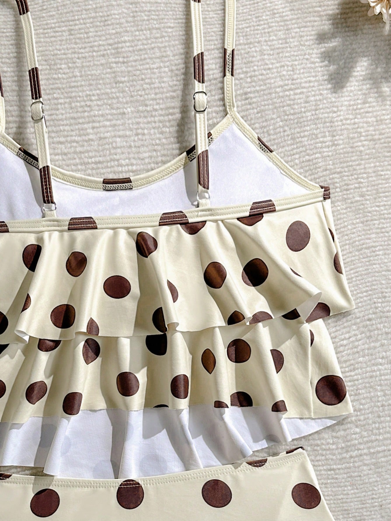 Elavelle Retro Polka Dot Ruffle One-Piece Swimsuit, Cream & Coffee Color, Tummy Control, Conservative Bathing