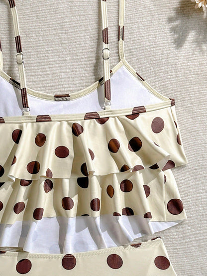 Elavelle Retro Polka Dot Ruffle One-Piece Swimsuit, Cream & Coffee Color, Tummy Control, Conservative Bathing