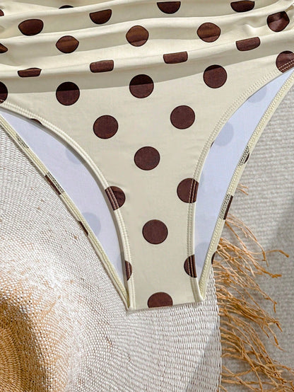 Elavelle Retro Polka Dot Ruffle One-Piece Swimsuit, Cream & Coffee Color, Tummy Control, Conservative Bathing