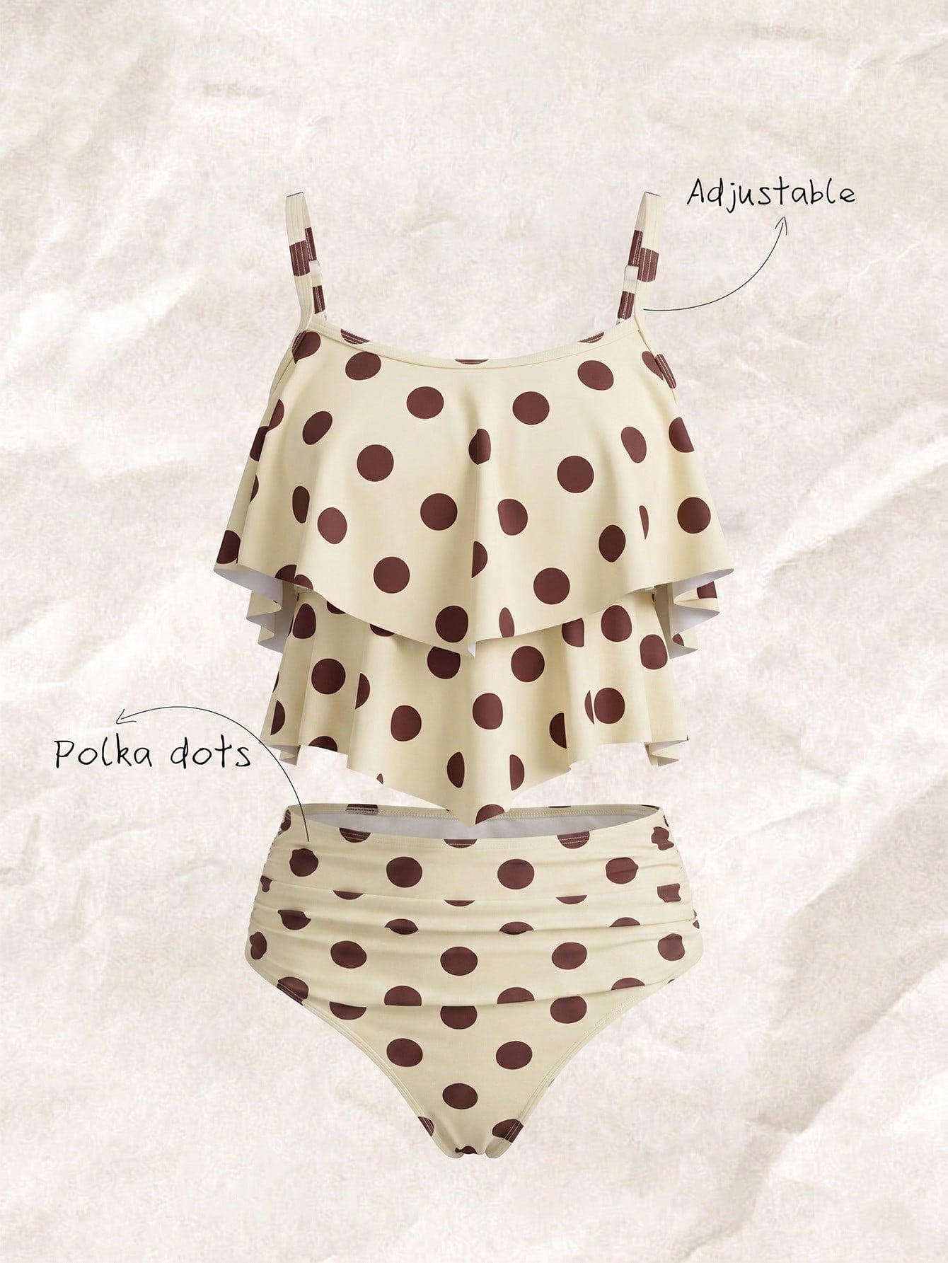 Elavelle Retro Polka Dot Ruffle One-Piece Swimsuit, Cream & Coffee Color, Tummy Control, Conservative Bathing