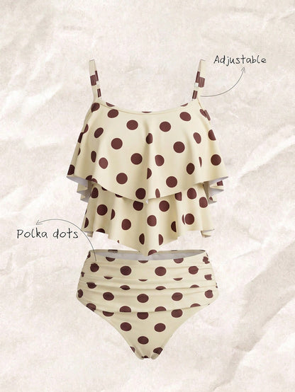 Elavelle Retro Polka Dot Ruffle One-Piece Swimsuit, Cream & Coffee Color, Tummy Control, Conservative Bathing